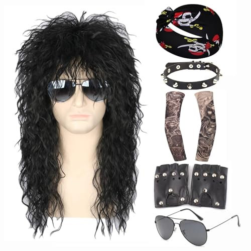 7 Stück Vokuhila Perücke Herren Kostüm Set, Herren 80er Jahre Stil Lange Schwarze Lockenperücke Glam Rock-Rocker Perücke Perfekt für Karneval, Cosplay, DIY Motto Kostüm Party