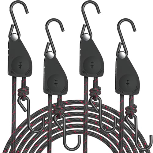 Kayak Straps Tie Downs 4 Pack, Roof Rack Straps Adjustable Ratchet Tie Down Straps with Lock S Hooks, 1/4 Inch 12 Feet Ratchet Straps Heavy Duty for Small Cargo, Kayak, Packing, Camping Gear