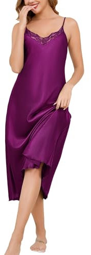 Vlazom Nuisette Femme Satin Longues Chemise de Nuit en Dentelle Col en V Robe de Nuit sans Manches Babydoll Bretelles Reglables,Violet,L