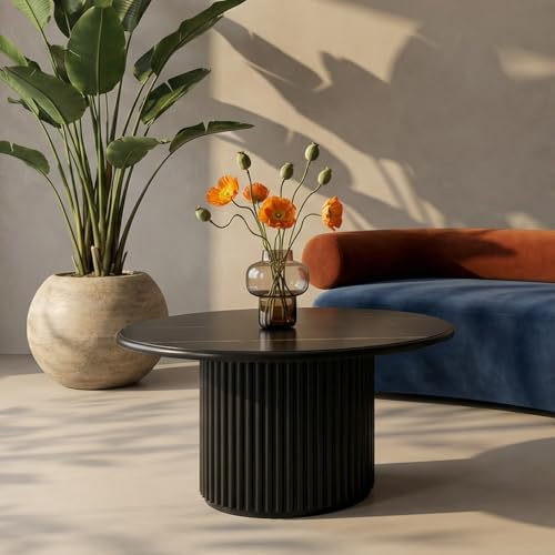 Furnhouse Easy Couchtisch | Marmor-Optik Lamellenstruktur | Rund Ø80 cm Schwarz – Modernes Skandinavisches Design Langlebig & Pflegeleicht