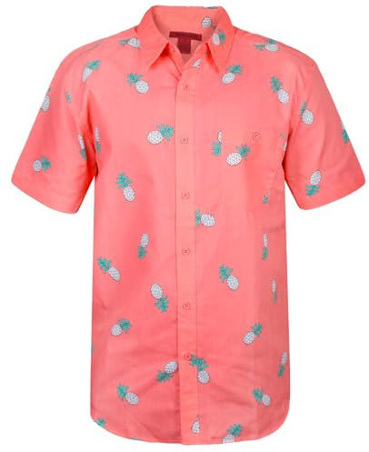 True Face Men’s Hawaiian Shirt Slim FitCasual Beach Shirt for Summer with Front Pocket Funky Palm Tree Floral Pineapple Print Perfect for Holidays Beach Parties Lightweight Top Pink - 037 M