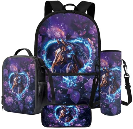 Poceacles 4-teiliges Schultaschen-Set für Kinder, Teenager, Rucksack und Lunchtaschen-Set mit Federmäppchen, Flaschenhalter, passend für 35,6 cm (14 Zoll) Laptops, Horse Love Violet Rose