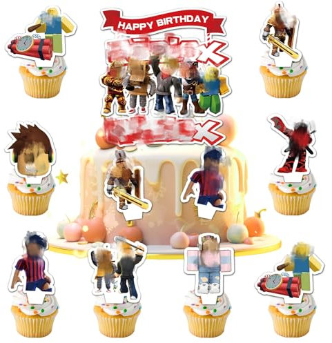 9 Pcs Game Cake Toppers, Cake Birthday Party Decorations Figures 1 Cake Decoration 8 Cupcake Toppers Supplies for Kids Boy Girl Birthday Shower Theme Party