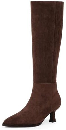 Modatope Knee High Boots Kitten Low Heel Faux Leather Pointed Toe Side Zipper Fall Long Tall Boots for Women
