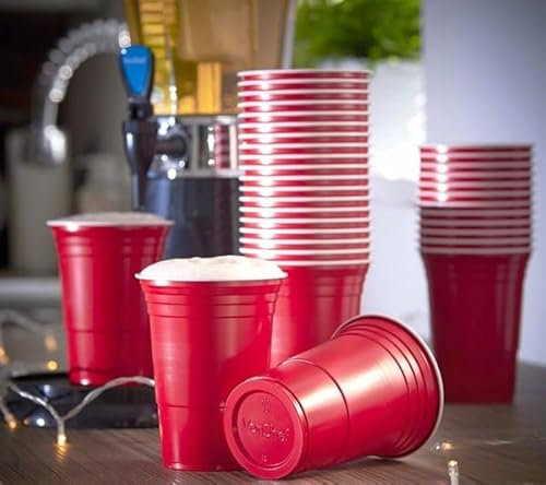 HOT BARGAINS Red Party Cups, 16oz/460ml, Pack of 50, Plastic Cups with Measurement Markings