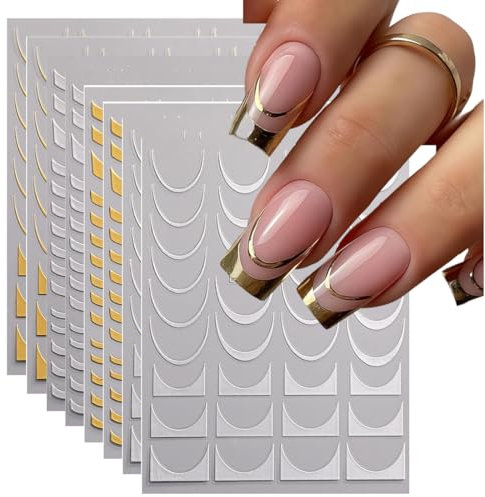 OHREN 8 Blatt LunarCharm French Line Nagelsticker,3D Sticker für Nail Art Gold Silber Linien Klebebänder Streifen Wirbel mit Diamant Nageldesign Gebogene