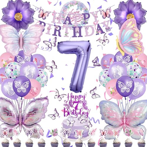 7 Jahre Schmetterling Geburtstag Deko, Geburtstagsdeko Mädchen 7 Jahre Set | Schmetterling Folienballon 7 Jahre, Luftballon 7. Geburtstag Mädchen, Schmetterling Party Deko, Zahlenballon, Happy Birthday