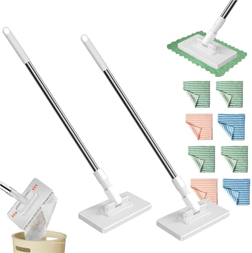 Wischmopp mit 4pcs Mop Pads, Bodenwischer Wischmop Set Automatische Demontage Bodenwischer mit Auswringfunktion 360 Grad Beweglicher Drehkopf Wischmop Nass- & Trockenmopps für Den Haushalt (2pcs)