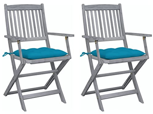 Qnhdfrt Klappbare Gartenstühle 2 STK. Massivholz Akazie mit Kissen Grau Lasur Hellblau Polster faltbar für Garten Balkon Camping