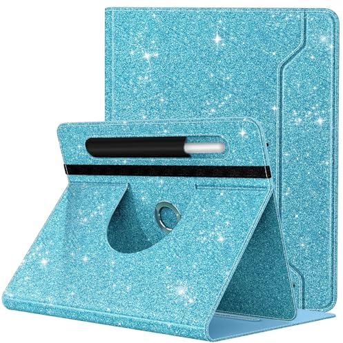 TiMOVO Funda Universal para Tablet de 9-11 Inch, Funda Protectora con Soporte Giratorio 360° y Bolsillo para Lápiz para 9 10 10.1 Inch Android Pantalla de 9-11 Inch, Purpurina Azul Cielo