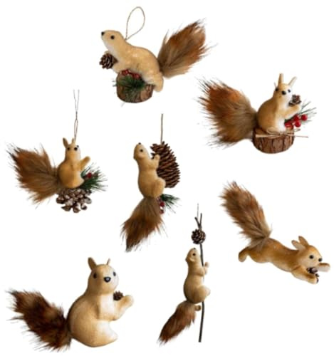 7Pcs Cute Furry Christmas Squirrel Ornaments,Artificial Woodland Animal Faux Fur Plush Hanging Ornament Simulation Forest Animal Christmas Tree Decoration for Holiday Xmas Tree Home Indoor Party Gift