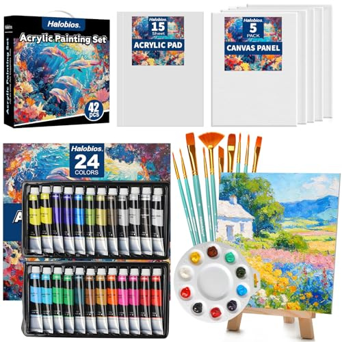 Halobios Acrylfarbe Set, Kunst Malerei Zubehör Kit mit 24 Farben Acrylfarben (22ML), Holztisch Easel, Leinwand, Malerei Pads, 10 Paint Pinsels & etc für Studenten, Künstler und Anfänger