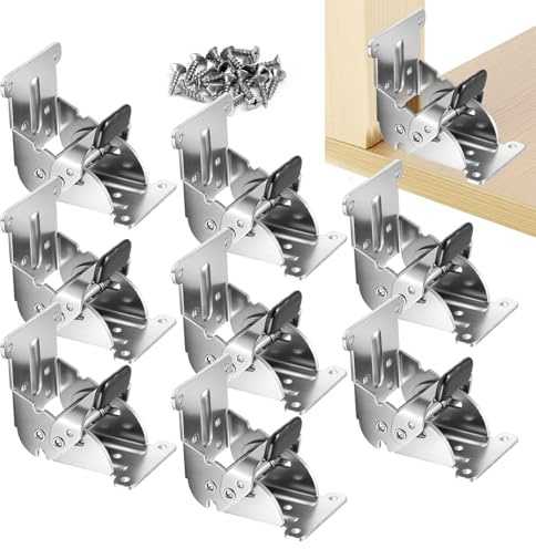 Folding Brackets 8 Pack, Heavy-Duty Self-Locking Hinges with Screws, Foldable Lock Extension Support Brackets for Table Legs, Bed Legs, Workbenches – Silver
