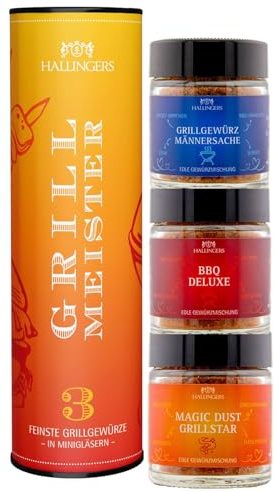 Hallingers Genuss Manufaktur Gewürz Geschenk-Set - 3 Gewürze aus aller Welt als Probierset in wertiger Geschenk-Dose Grill-Meister, Geschenkidee für Männer Freund