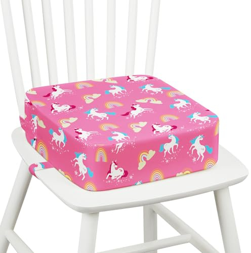 Sitzerhöhung Stuhl Kind Kindersitzerhöhung, 32x32x10 cm - Einhorn | Sitzkissen Kinder mit Rutschfester Unterseite und 2 verstellbaren Sicherheitsgurten, Waschbar & Tragbar