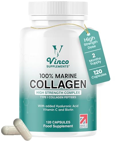 Vinco Pure Marine Collagen Supplements for Men & Women - 100% Marine Type 1 Hydrolysed Collagen Peptides Enhanced with Biotin, Hyaluronic Acid & Vitamin C - Essential Amino Acids - 120 Capsules