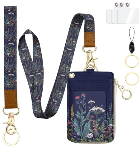 bolimoss Umhängeband mit Blumenmotiv, RFID-Geldbörse für Damen, niedliches Münzfach mit Reißverschluss, Schlüsselband für Lehrer, mit Ausweishalter, abnehmbares Armband und Umhängeband, 5 Kartenfächer