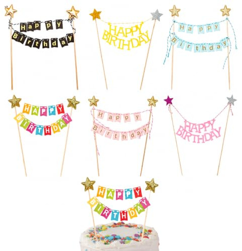 6 Stück Happy Birthday Tortendeko Geburtstag Kuchentopper Kuchendeko | Happy Birthday Girlande Klein für Box, Kuchen Dekoration, Regenbogen Tortendeko Set, Lebensmittelechte Bambusspieße