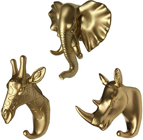 MYRU Lot de 3 crochets muraux en forme de tête d'éléphant, de girafe et de rhinocéros - Porte-manteaux en forme d’animal (doré)