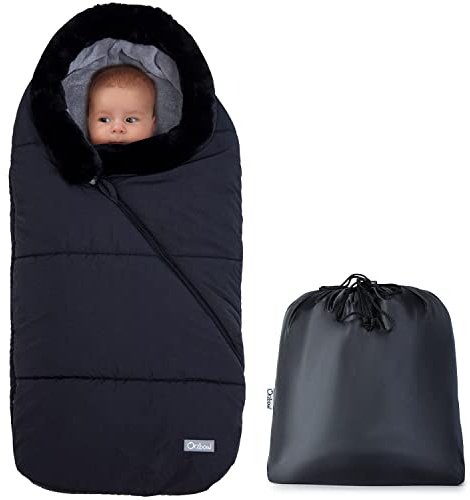 Orzbow Babyfußsack Kinderwagen Winterfußsack Buggy,Baby Schlafsack Babyschale Winter,mit Zwei-Wege-Reißverschluss Waschbar Abnehmbarer Pelzkragen Passend für Alle Kinderwagen (Schwarz)