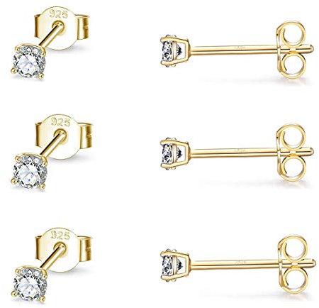 Gulicx 3 Pairs 2mmSilver 14K Gold Stud Earrings Set for Women Girls, Hypoallergenic 925 Stering Silver Round Cubic Zirconia Simulated Diamond Stud Earrings, Small Sleeper Cartilage Studs