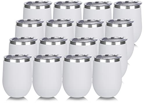 DOMICARE Stainless Steel Wine Tumbler Bulk with Lid, Personalized White Insulated Tumblers Set, 12oz Travel Coffee Cups Pack of 16