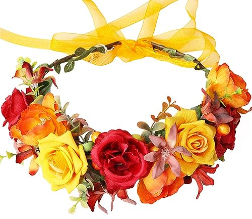 HuaLiSiJi Blumenkrone Boho Haarkranz Blumen Hochzeit Blumenkrone Damen, Schön Gearbeitet der Blumenkrone, Individuell Einstellbar Durch Ein Band (Orange)