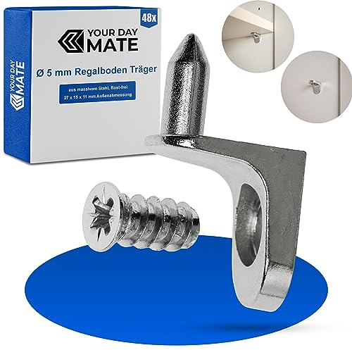 Regalboden Träger, 48 Pack, Winkelbodenträger mit Zapfen und Schraube, für Ø 5 mm Bohrlöcher, L-Form Stütze aus Stahl, Einlegeboden Halter, D5 Stahlwinkelstütze schrauben, Winkel Bodenträger L Form