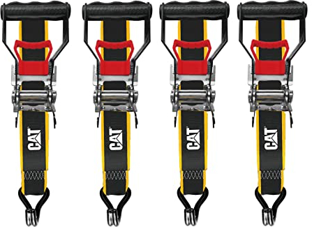 Cat Ratcheting Tie Down 4 Piece Strap Set, Ratchet Straps, 1,100 Pound Work Strength; 3,300 Pound Break Strength, Moving, Cargo, Heavy Duty Utility Tie Downs - Black Yellow 9807687E