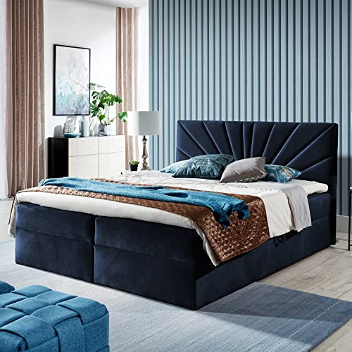 Boxspringbett Doppelbett TEO - Bett mit Bonellmatratze, mit Bettkasten für Bettwäsche und Topper. Gepolsterte Kopfstütze in 3 verschiedenen Varianten (Dunkel blau, 120x200 TEO 2)