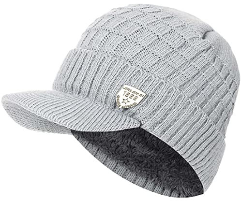 Yixda Winter Strickmütze mit Schild Herren Damen Warm Fleecefutter Ski Visor Beanie Cap (Classic Hellgrau)