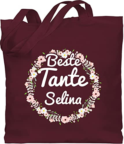 Baumwolltasche - Beste Tante - Boho Blumenkranz mit Name - Unisize - Bordeauxrot - auntie tanten taschen für personalisierte tasche geschenke leinenbeutel ideen jutebeutel personalisiertes