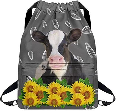 Dolyues Schulrucksack für Kinder, Jungen, Mädchen, Kordelzug-Taschen mit Reißverschlusstasche, wasserabweisend und multifunktional, Kuh Sonnenblume, One size