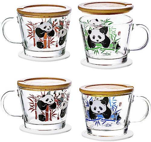 TDN Panda Vasos Cafe Cristal 400ml, Set de 4 Tazas Cafe Con Leche Con Asa, Tazas de Cafe Originales, Vasos Espresso, Para Café, Latte Macchiato, Té, Capuchino, Aptas para Lavavajillas, Microondas