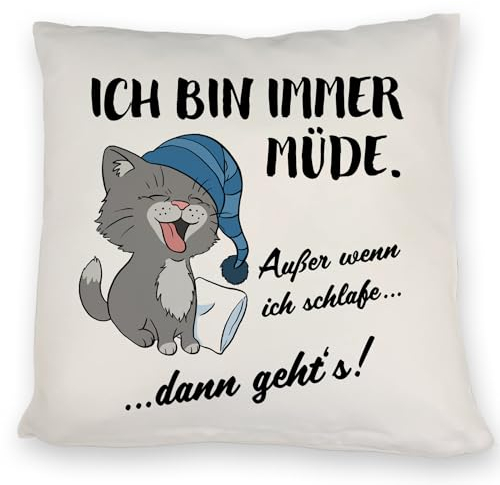 speecheese Katze Kissen mit Spruch- Immer müde außer wenn ich schlafe für Faulpelze und Katzenliebhabermüde DekoKissen schlafen lustig