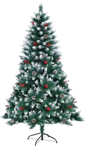 1.8m (6Ft) Flocked Artificial Christmas Tree with 634 Pencil Tips Balmoral Fir - Snowy Branches, Berries and Pine Cones Decorations Metal Stand - Bushy Luxury Xmas Home Centerpiece