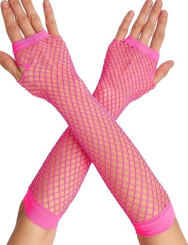 OTPEH Einsame Fischnetz-Handschuhe, fingerlos, für Damen, Fischnetz, Armstulpen, Netzstoff, Emo, Gothic, 80er-Jahre-Szenenzubehör, 02 - Rosa 1, Einheitsgröße