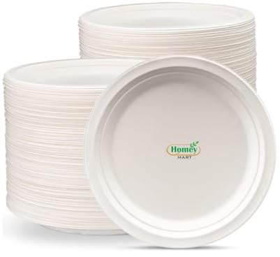 Disposable Extra Strength White Super Rigid Bagasse Plates 18cm Round 100% Compostable Biodegradable Sugarcane Plates for Family Events Schools Office BBQ Picnics Parties - 7 Inch - 50 Pack