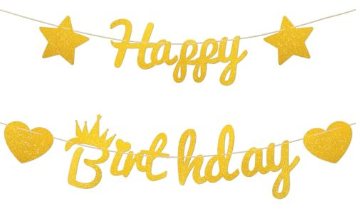 Glitter Gold Happy Birthday Banner, Pre-Strung Happy Birthday Garland Sign with Star Heart Large Font Birthday Party Decorations Backdrop for Indoor Outdoor