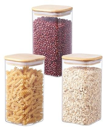 ORNAMI Airtight Glass Pantry Storage Canister with Bamboo Lid | BPA-Free, Clear Kitchen Storage Jar | Square shaped (3, 1.5L)