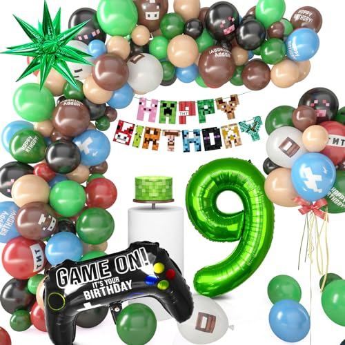Pixel Luftballon Geburtstagsdeko 9 Jahre, 81 Stück Miner Kindergeburtstag Gamer Party Deko, Happy Birthday Banner Gamer Folienballon Spiel Luftballon Geburtstag Deko für Jungen Kinder
