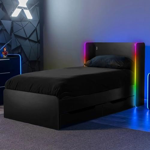X-Rocker Electra RGB Single Gaming Bed LED Lighting, App-Controlled Lights Neo Motion Sync, Single 3ft Bedstead Frame, Smooth Headboard with 90x190cm Mattress Included for Teens, Kids - BLACK