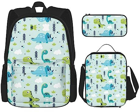 GaxfjRu Juego de 3 mochilas con patrón de dinosaurio para lonchera con lonchera y estuche para lápices, perfecto para la escuela, mochila para hombres