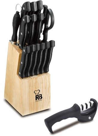 RENBERG TENESSY - Set 15-teilig Messer und Messerschärfer mit Holzmesserblock - Edelstahl - Schwarzer Griff - Langlebig und praktisch