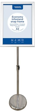 Europel Porte-affiche Economy sur pied, cadre clipsable A3 argent 25mm, portrait ou paysage, hauteur réglable, Présentoir pour posters, enseignes, publicité, menu, boutique, hôtel, restaurant