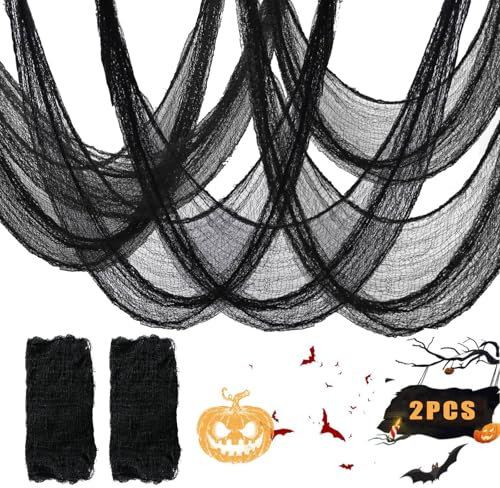 2 Stück Halloween Deko Stoff, 800 x 76 cm Gruseliges Käsetuch, Schwarze Stoffe, Horror Tüll für Garten, Party Dekoration