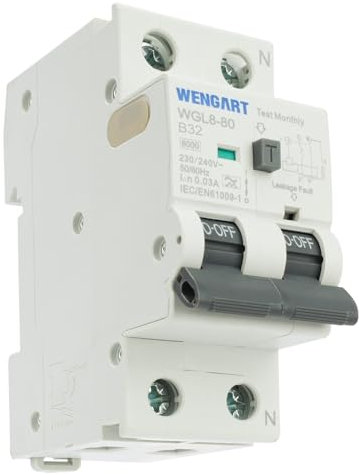 Wengat WGL8-80 Disjoncteur différentiel type A 6kA CA 230V 32A, 1P+N 30mA Arrêt à un bouton Protection complète pour appareils électriques
