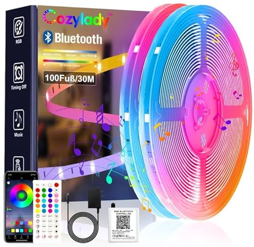 Cozylady 30M LED Strip Light. Bluetooth RGB-Streifen Lichtband mit Fernbedienung und App-Steuerung. Für Innenräume wie Zimmer & Zuhause. Perfekte Leuchtdioden-Streifenbeleuchtung für Feste & Partys.