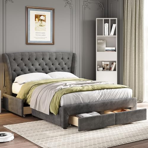 Oyemige Upholstered Bed Frame 135x190 cm, 4ft6 Double Storage Bed with 4 Storage Drawers, Bed with Slatted frame, Metal Underbed Bracket with Headboard for Bedroom, Gray, Snowflake fleece, No Mattress