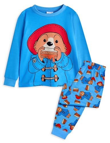 Paddington Bär Kinder-Pyjama-Set | Langärmliges Oberteil mit Bären-Grafik und Pyjamahose mit Langen Beinen für Kinder in Blau und Rot | Sandwich-Allover-Print-Nachtwäsche für Jungen und Mädchen